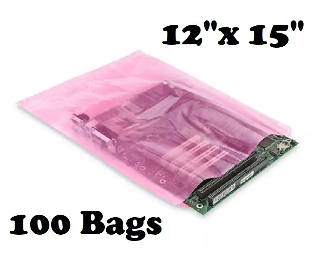 100x Anti-static Bags 12"x 15" 2 Mil Large Pink Poly Bag Open Ended Motherboard