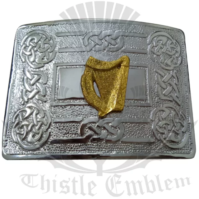 Traditional Swirl Celtic Knot Belt Buckle Chrome Irish Harp Badge Golden,Kilt