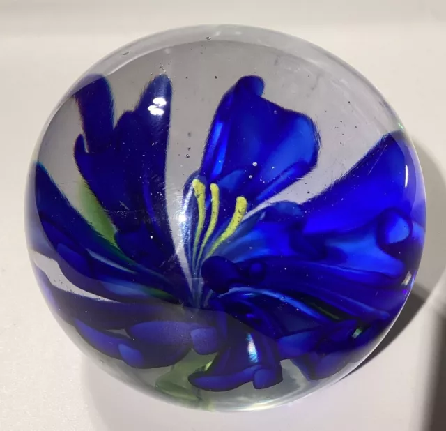 Vintage Art Glass Floral Flower Paperweight Bright Blue. Stunning