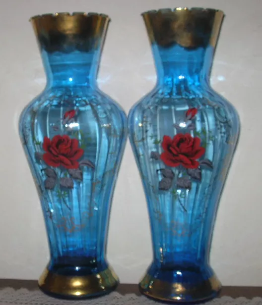 Paire De Vase Verre 15" Manteau Aqua Hp Rose Émaillé Or Turquoise