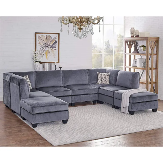 Simona Gray Velvet Fabric Reversible Sectional Sofa with Ottoman, L Shaped Sofa