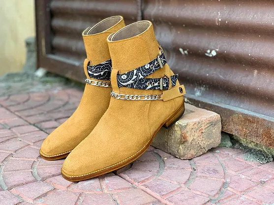 MEN S HANDMADE BEIGE Suede Madrid Strap Jodhpur Boots Men Ankle