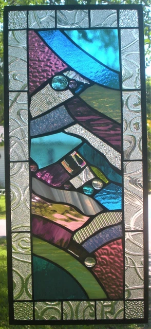ABSTRACT  STYLE   23" x 10"  real stained glass window panel hangs 2 ways!