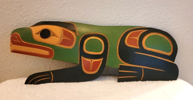 Northwest Canada Salish Indigenous Carved Wood FROG Totem Sculpture TROY BAKER