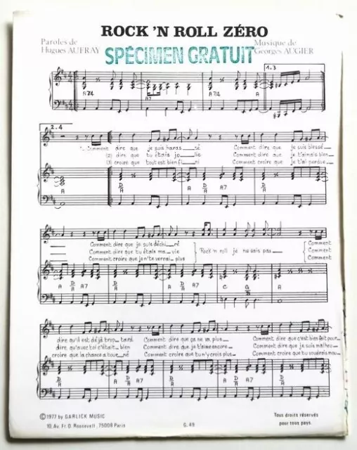 Partition vintage sheet music HUGUES AUFRAY : Rock'N Roll Zéro * 70's Augier