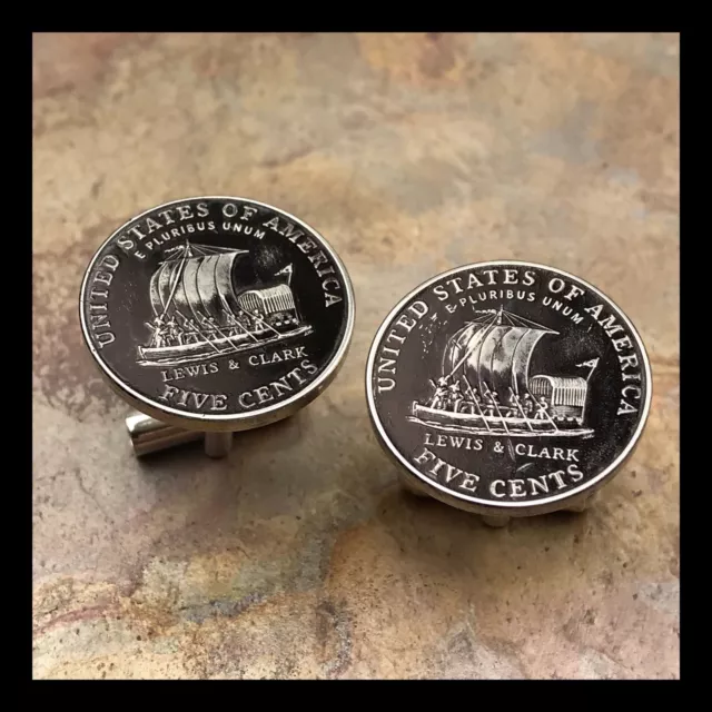 New Cufflinks w/ Modern Lewis Clark Expedition Nickel 5 Cent Coin Boat Ship
