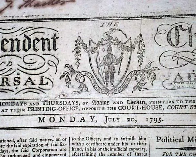 Governor SAMUEL ADAMS Massachusetts Act Controversial Jay Treaty 1795 Newspaper