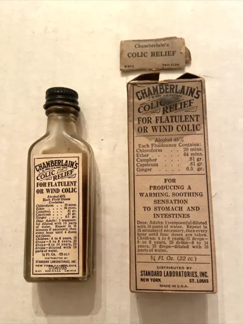 Vintage Chamberlain's Colic Relief Bottle 3/4 Oz. Original Box Standard Labs