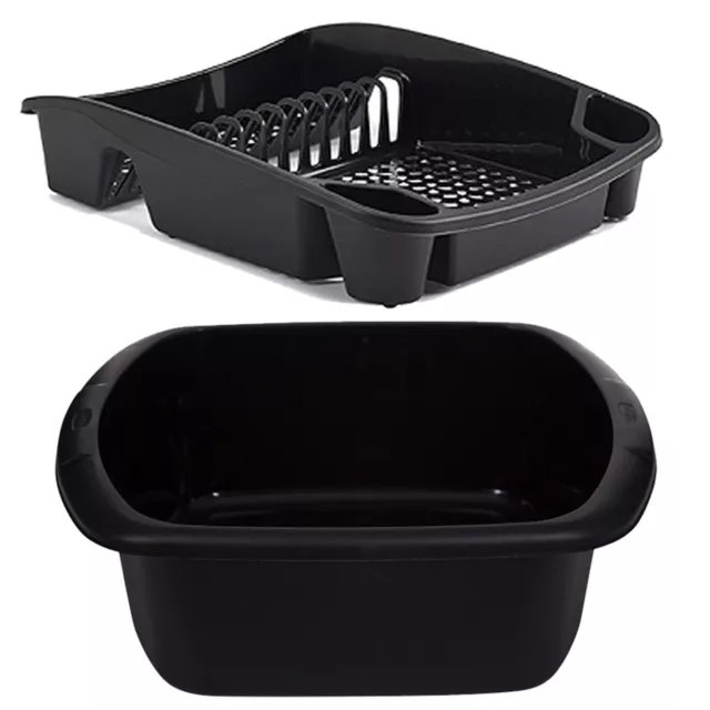 Kitchen Set: Plastic Wash Up Bowl Basin & Dish Drainer Rack with Plate Holder 3