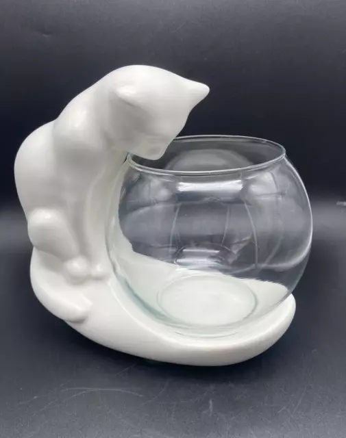 Vintage Haeger Pottery Matte White Cat Sculpture Figurine with Glass Fish Bowl