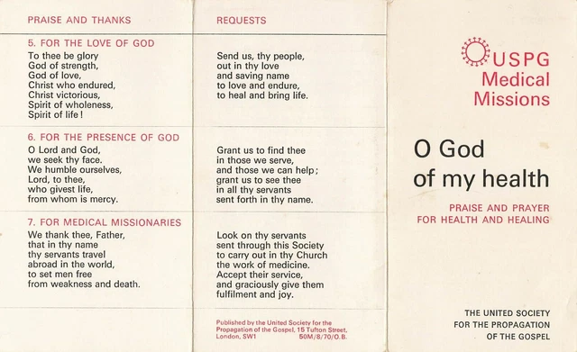 #294 De colección Religioso efímero USPG MISIONES MÉDICAS Alabanza y Oración Sanación
