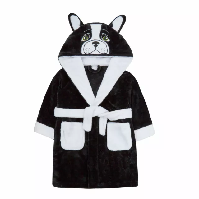 Boys Girls 3D French Bulldog Robe Hooded Fleece Dressing Gown Dress Up Bathrobe