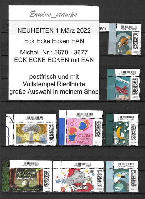 M01 Bund 1. März 2022 Mi-Nr: 3670 - 3677 ECKEN ECKE 1 VOLLSTEMPEL POSTFRISCH