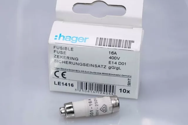 1 Pièce HAGER LE1416 Insert Fusible D01 E14 16A 400V Gg Avec Kennmelder Neuf