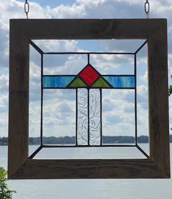 Mission Style Framed Stained Glass Window Red/Green/Blue/Textured Clear