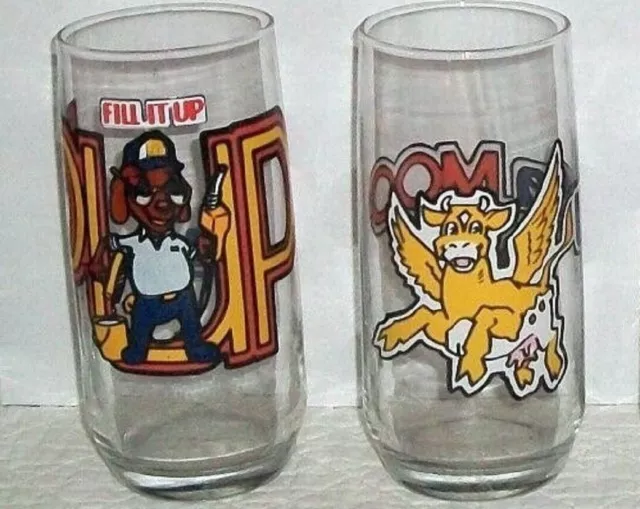 2 Ultramar Petroleum Gas Station PUP & Flying COW Glass Tumblers 1986