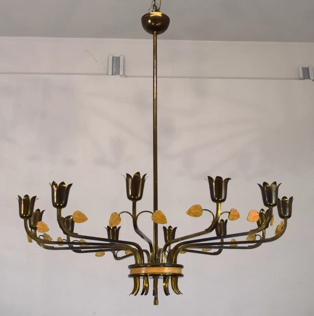 Lampadario in ottone, 12 luci , Italia, anni '50.