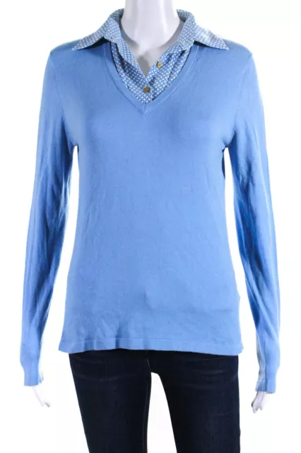 J. Mclaughlin Women's Cotton Long Sleeve Collared Knit Blouse Blue Size S