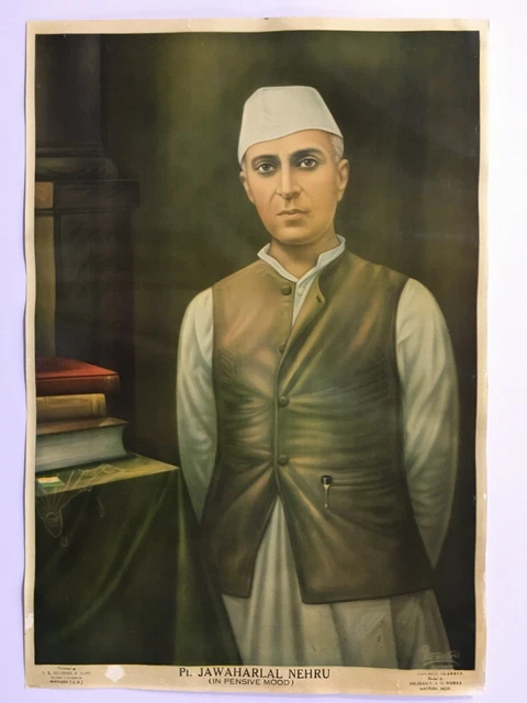 India Vintage 40's Stampa Nehru IN Pensierosa Mood Brijbasi Fine Arte 14in x 2