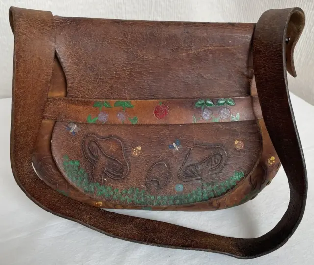 Vintage 70s Handbag Hippie Boho Hand Tooled Leather  Mushroom Purse Shoulder Bag