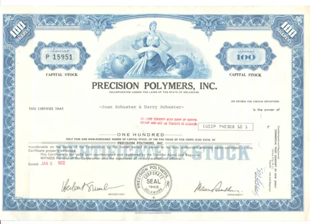 Precision Polymers, INC. 100 Shares  1972