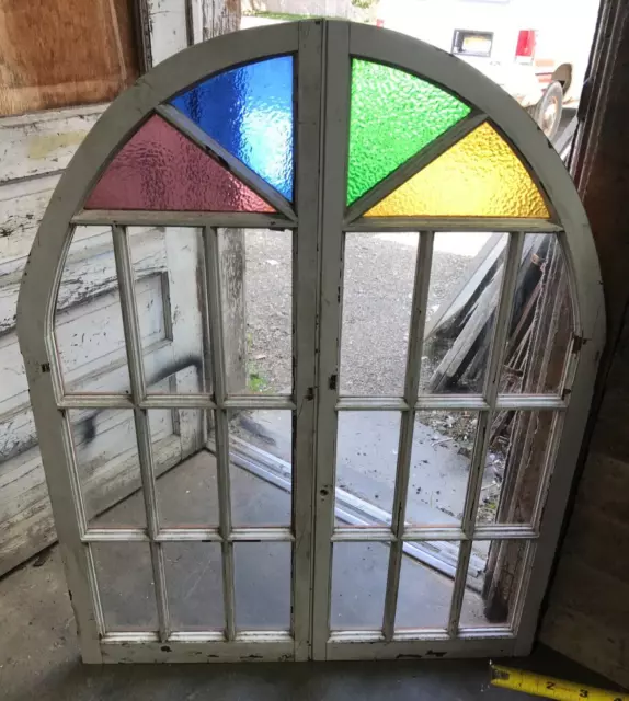 Pair Antique 11 Lite 18x46 Stained Glass Arched Top Cabinet Window VTG 1456-23B