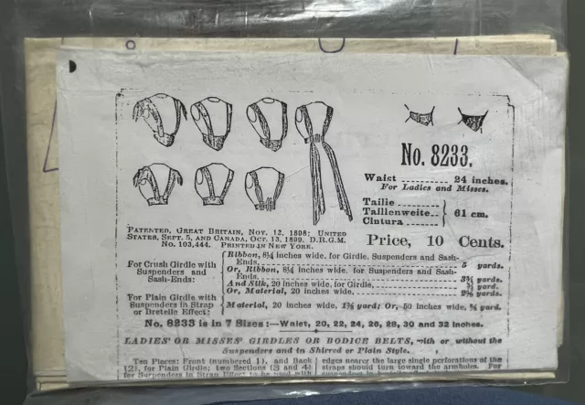 Butterick Publishing Co. #8233 1898 Ladies Girdle Bodice Belts Sewing Pattern