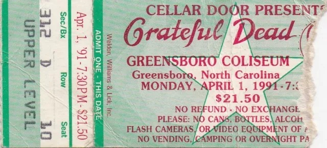 Grateful Dead Ticket  04-01-1991 Greensboro Coliseum **Mail Order** Garcia Weir