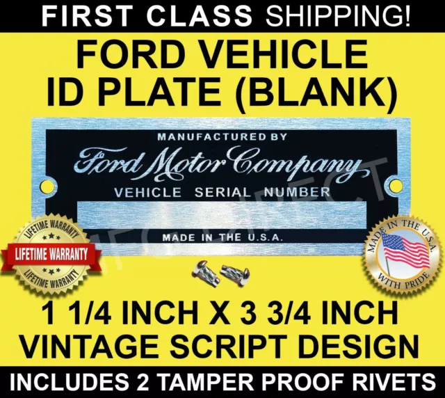 Serial Number Ford Id Tag Data Plate Vintage Script Design Custom (Blank) Usa