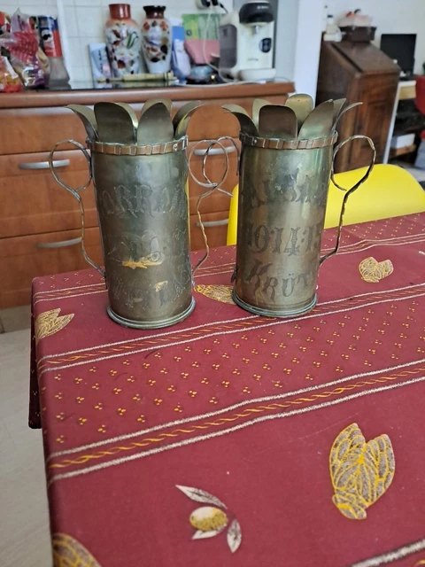 Paire De Vases Obus 14-18 – Artisanat De Tranchées Authentique