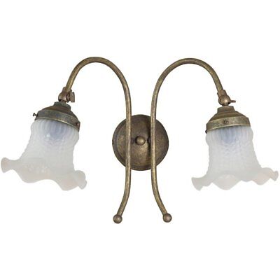 Originale Applique lampada in ottone liberty a 2 luci da parete con vetri nuovi