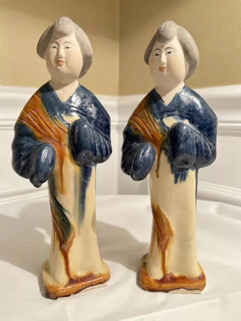 Two Rare Antique Tang Tri-Color Glazed Ceramics Chinese Pottery Figurine of Lady