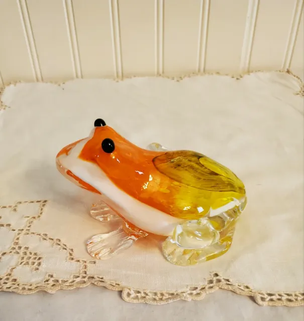 Art Glass Hand Blown Frog Orange, Yellow & White Figurine  4.5" L x  4" W x 3" H