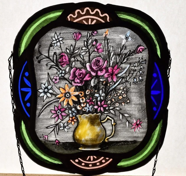 *12" Vintage French Stained Glass Panel with & Leaded Glass Hand Painted Flowers