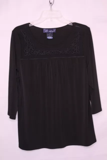 Susan Graver Black Beaded/Semi-Sheer Round Neck 3/4 Sleeve Knit Top Sz L #R323