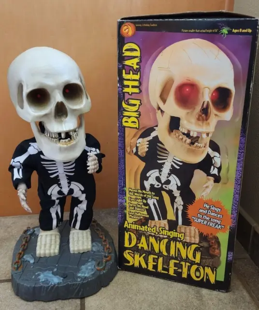 2001 Gemmy Dancing Singing Big Head Skeleton With Box Super Freak