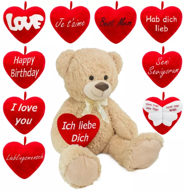 XXL Plüsch Teddy Bär 100 cm Beige Kuscheltier Plüschtier + Plüsch Herz Rot Liebe