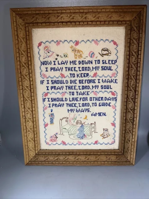 ANTIQUE  FRAME NEEDLEPOINT CROSS STITCH SAMPLER “Now I Lay Me Down" 17”x 13”