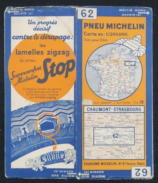 Carte MICHELIN 62 CHAUMONT STRASBOURG 1934 Guide Bibendum pneu tyre map