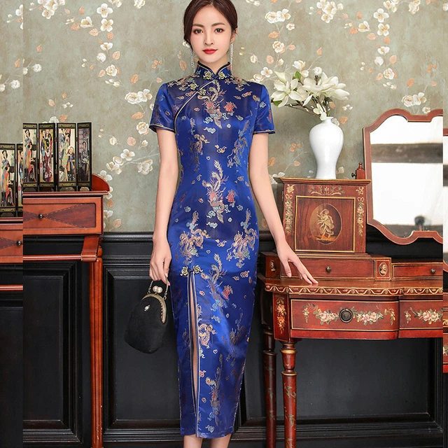 Vestito Cheongsam Donna Manica Corta - Qipao Cinese Con Ricamo, Spacco Alto, Per Matrimoni E Cerimonie - Foto 6