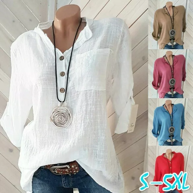 Womens Tunic Cotton Linen Pullover Blouse Tops Ladies Baggy Long Sleeve T-Shirt