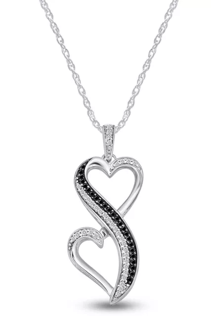 1/5ct Real Black & White Natural Diamond Double Heart Pendant Necklace In Silver