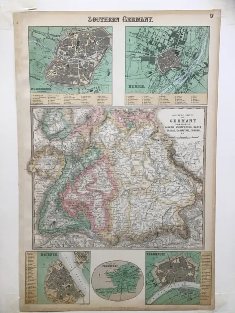 Antique Original 1874 Map Southern Germany Fullarton Munich Frankfurt Nuremberg