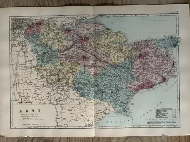 1885 Kent Original Hand Coloured Antique Map by G.W. Bacon