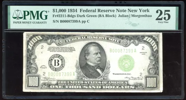 1934 $1,000 Federal Reserve Note Bill FRN FR-2211 - PMG VF 25 (Very Fine)