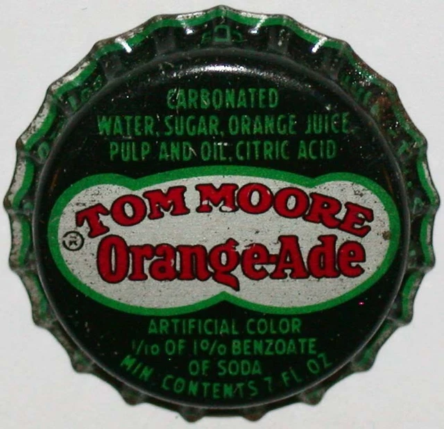 VINTAGE SODA POP bottle cap TOM MOORE ORANGE ADE Coca Cola cork Fergus