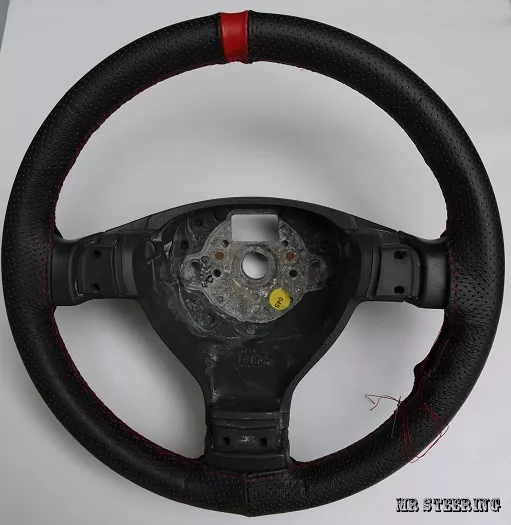 For Bmw E46 99-05 Real Black Perforated Leather + Red Strap Steering Wheel Cover