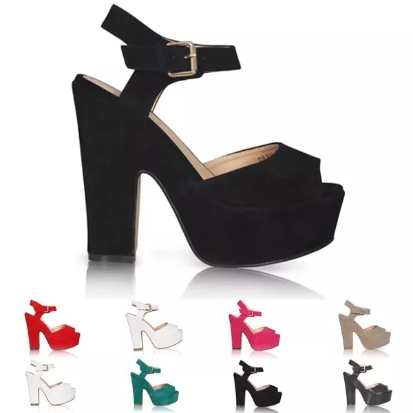 New Ladies Platform High Chunky Heel Peep Toe Ankle Strap Sandals Shoes Size 3-8