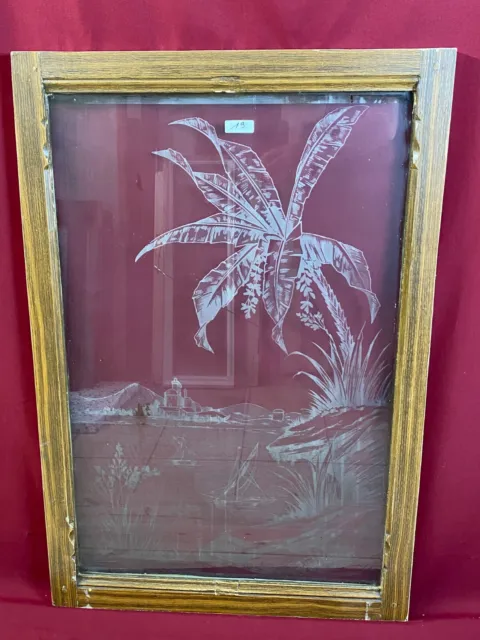 ANTIKE GLASSCHEIBE JUGENDSTIL UM 1890 FENSTER PALME 63x98cm