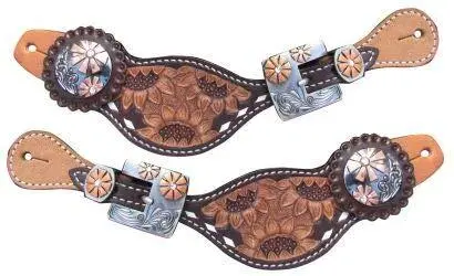 Showman Ladies Sunflower Tooled Leather Spur Straps